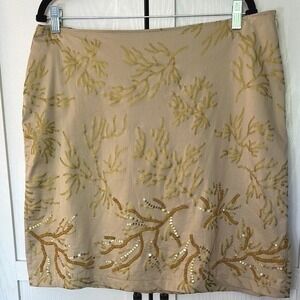 Havenbleu Tan Gold Coral Branch Sequin Bead Mini Skirt XL Cotton Blend Stretch